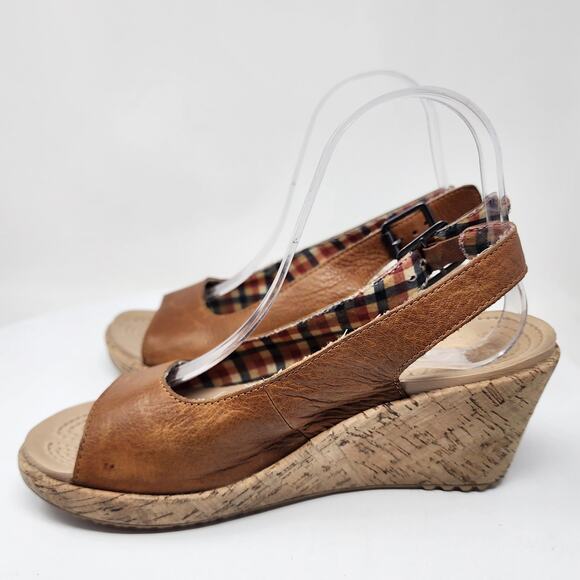 Crocs A-Leigh Slingback Wedge Sandals Women 7 Brown Leather Buckle Cork 11848 - Picture 7 of 11